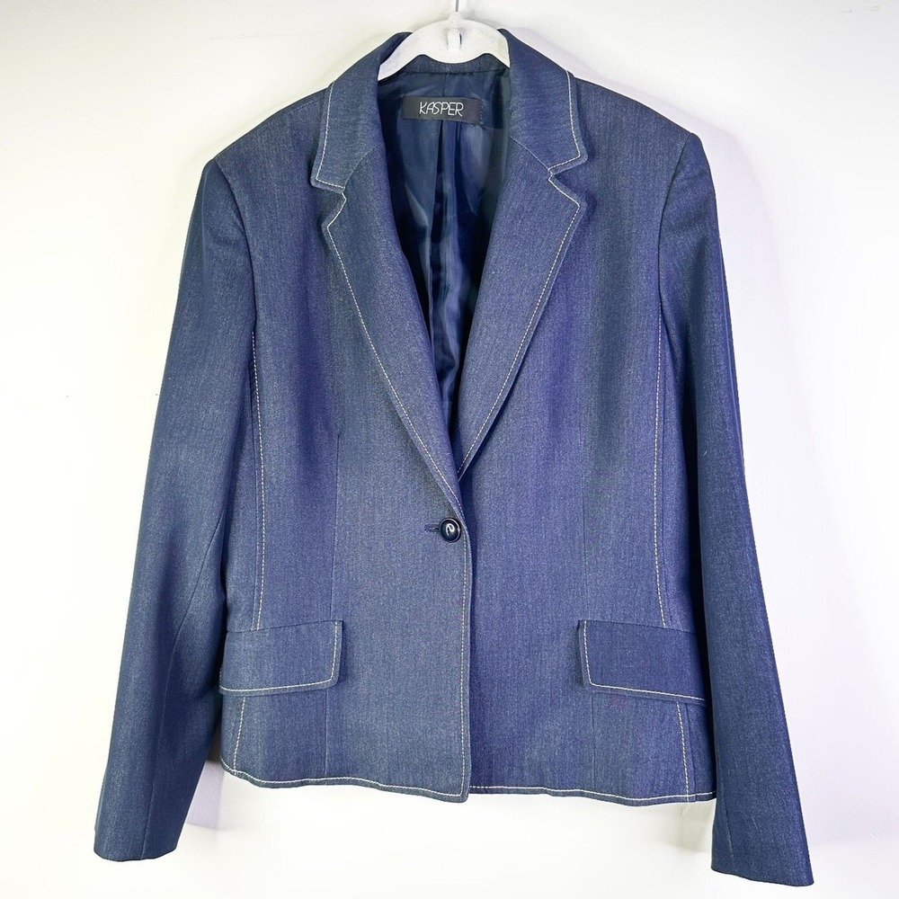 Kasper Blazer Jacket Women L Blue Denim Look Contrast Stitch Stretch Lined NWOT